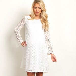 White Festival Lace Bell Sleeve Maternity Dress